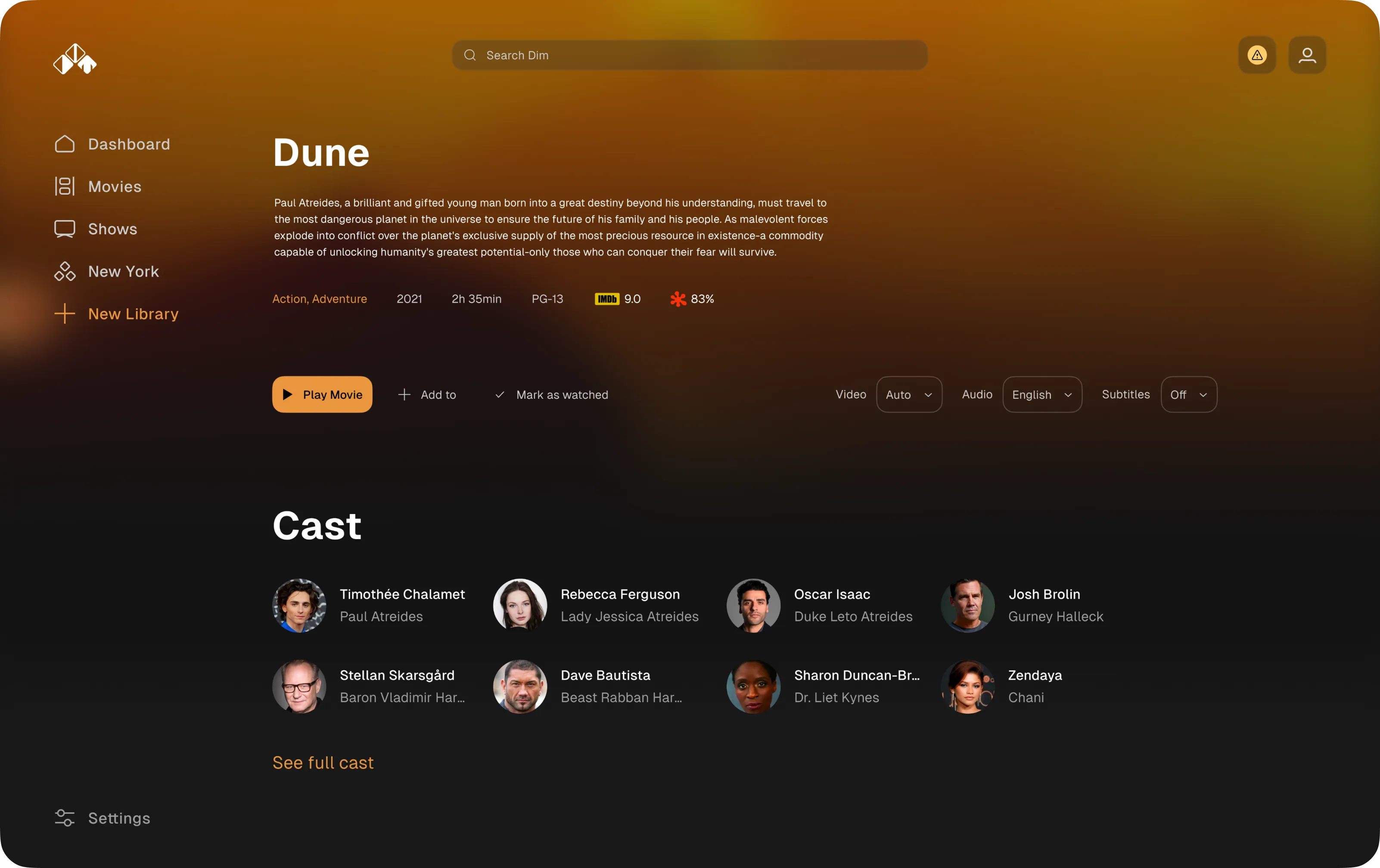 UI of a screen for the movie Dune on a streaming platform 