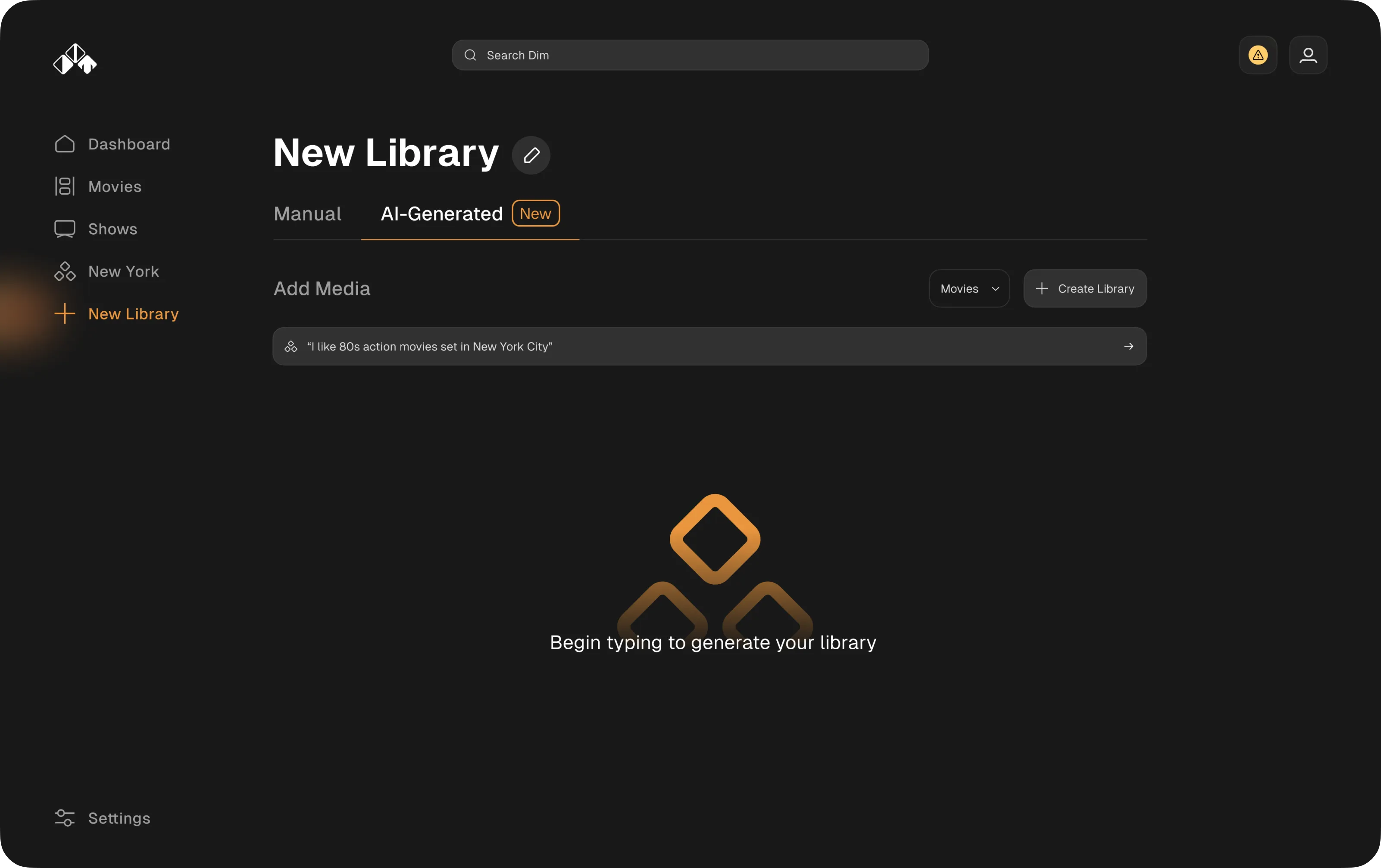 UI of a new library creation screen for a streaming service