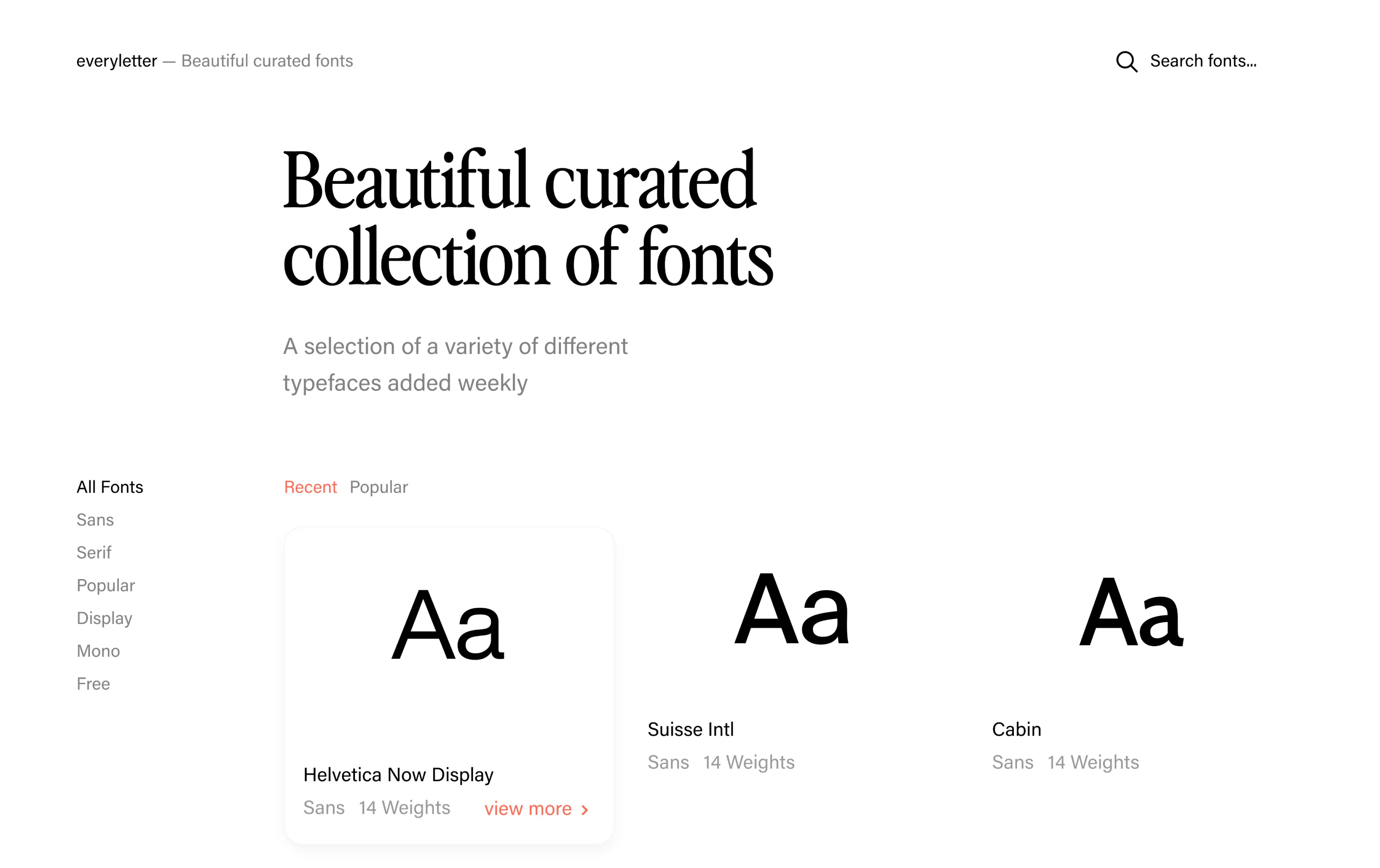 Web design of displaying various fonts in a grid collection