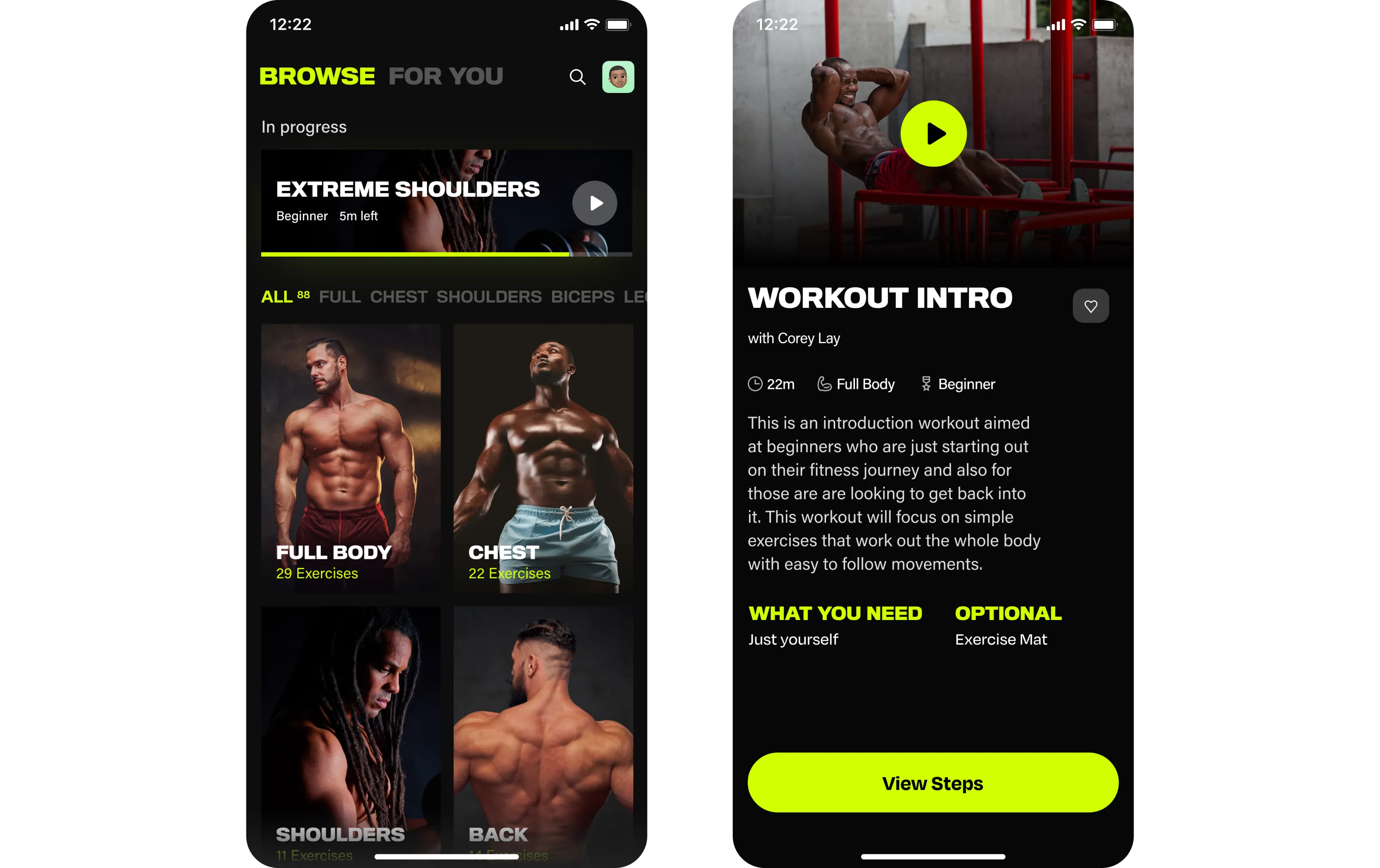 Two mobile UI screens for a workout app